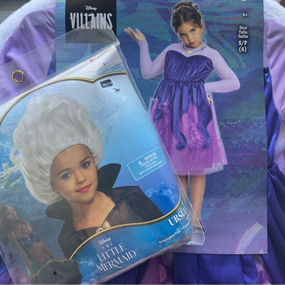 Disney villains Ursula costume dress and wig set Halloween S 6 girls kids NEW